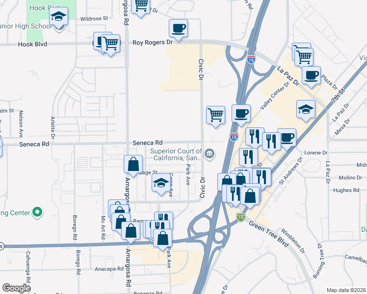 map of restaurants, bars, coffee shops, grocery stores, and more near 15500 West Sand Street in Victorville