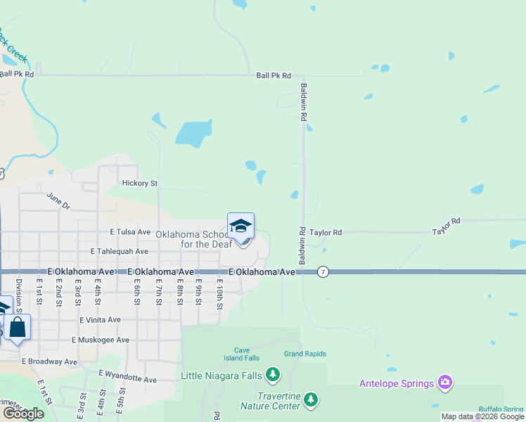 map of restaurants, bars, coffee shops, grocery stores, and more near 1100 East Oklahoma Avenue in Sulphur