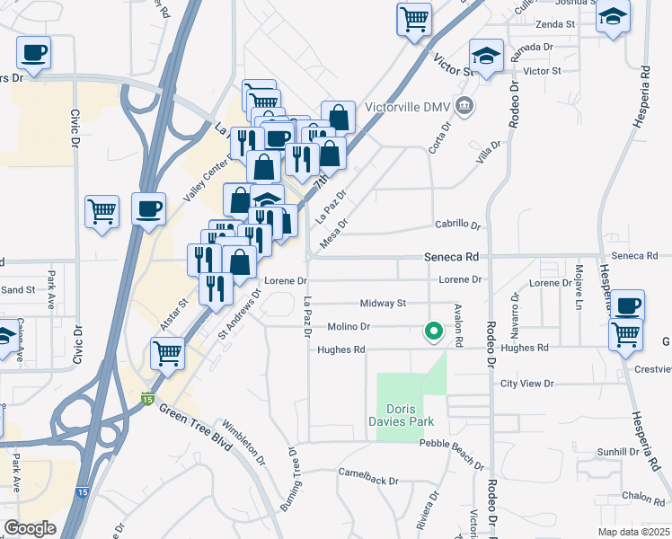 map of restaurants, bars, coffee shops, grocery stores, and more near 14461 La Paz Drive in Victorville