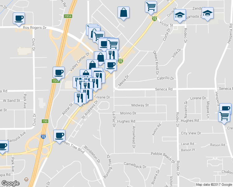 map of restaurants, bars, coffee shops, grocery stores, and more near 14461 La Paz Drive in Victorville