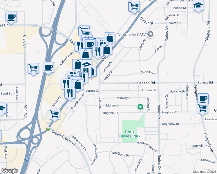 map of restaurants, bars, coffee shops, grocery stores, and more near 16138 Lorene Drive in Victorville