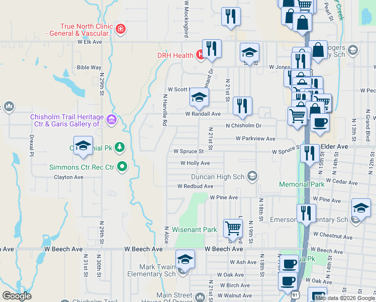 map of restaurants, bars, coffee shops, grocery stores, and more near 2205 West Holly Avenue in Duncan