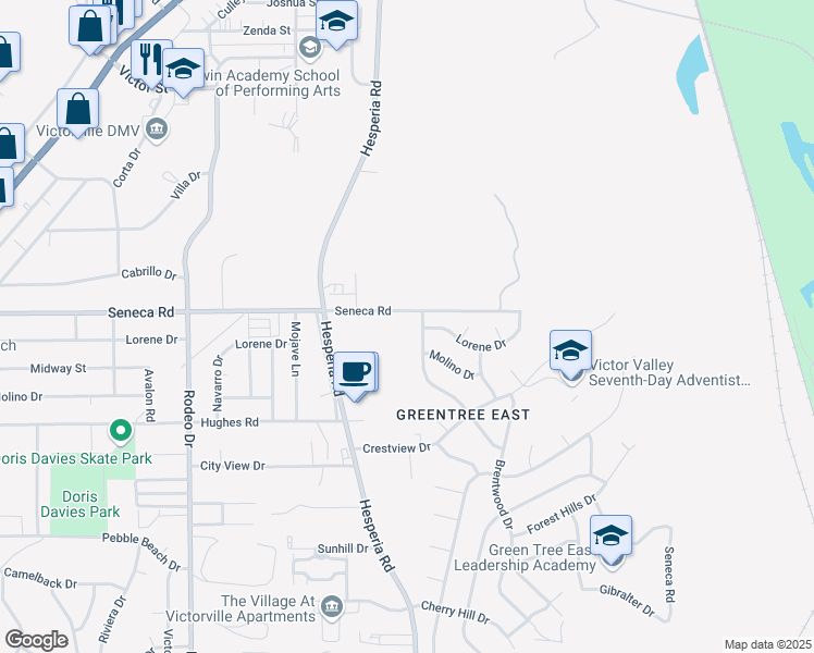 map of restaurants, bars, coffee shops, grocery stores, and more near Seneca Road in Victorville