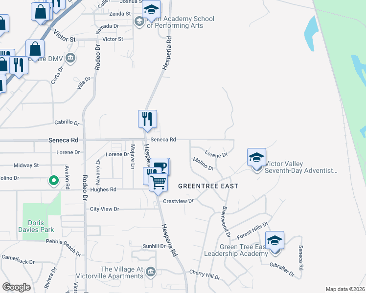 map of restaurants, bars, coffee shops, grocery stores, and more near 16900 Seneca Road in Victorville