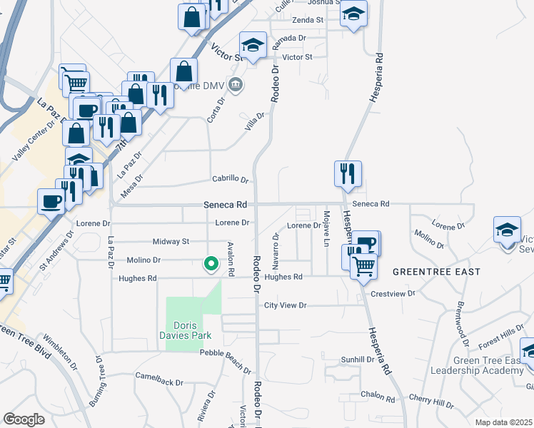 map of restaurants, bars, coffee shops, grocery stores, and more near 14430 Navarro Drive in Victorville