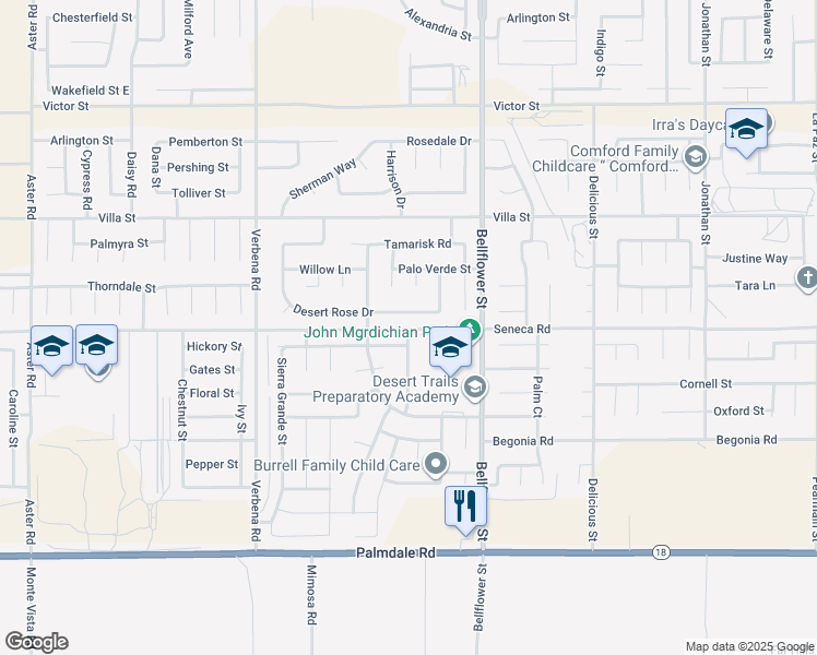 map of restaurants, bars, coffee shops, grocery stores, and more near Seneca Road in Adelanto