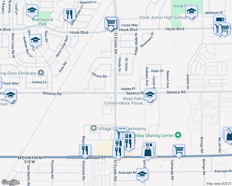 map of restaurants, bars, coffee shops, grocery stores, and more near El Evado Rd & Seneca Rd in Victorville