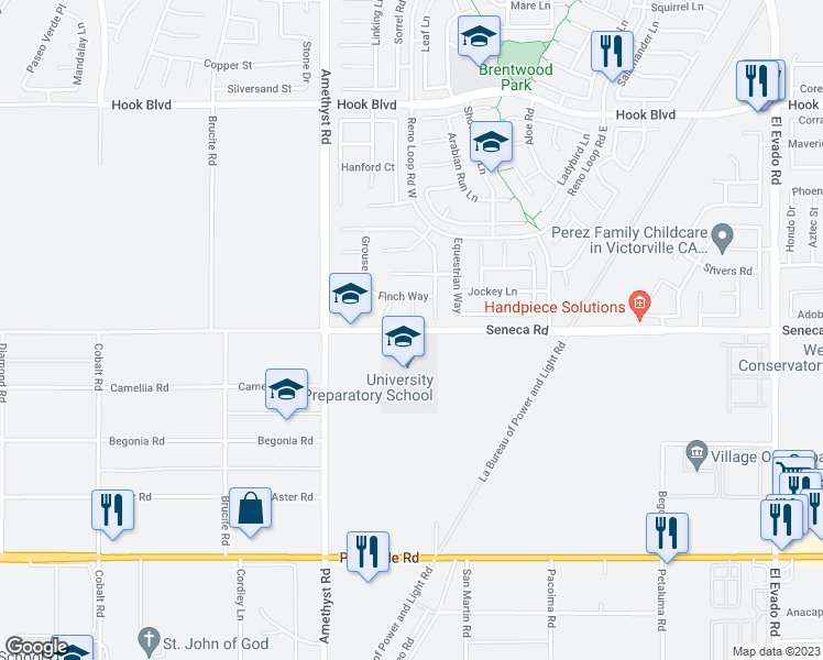 map of restaurants, bars, coffee shops, grocery stores, and more near Seneca Road in Phelan