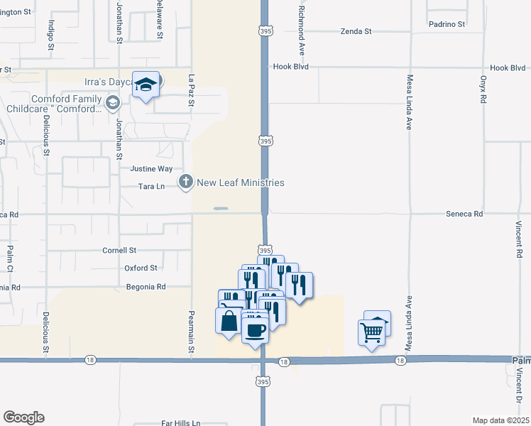 map of restaurants, bars, coffee shops, grocery stores, and more near Seneca Road in Victorville