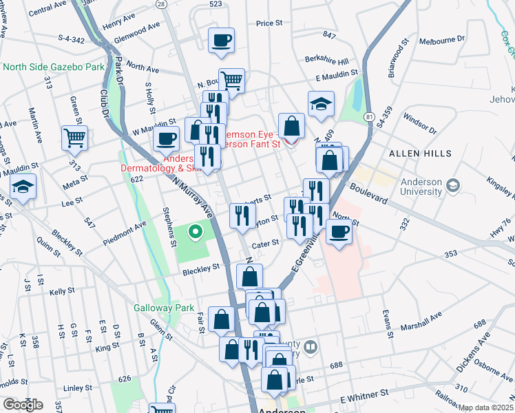 map of restaurants, bars, coffee shops, grocery stores, and more near 205 Crayton Street in Anderson
