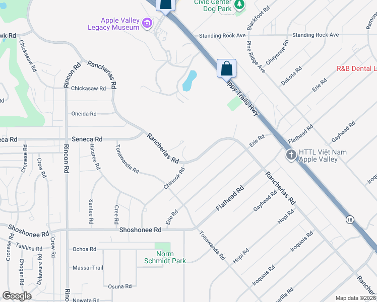 map of restaurants, bars, coffee shops, grocery stores, and more near 20595 Rancherias Road in Apple Valley
