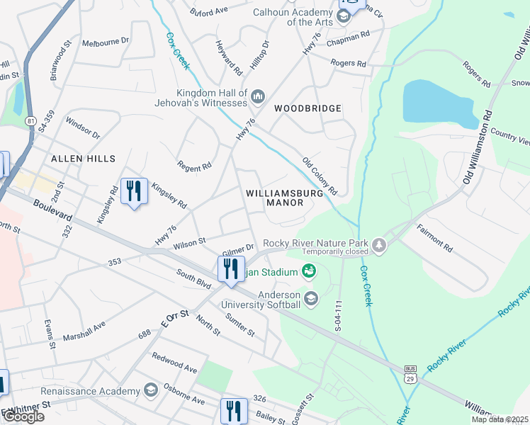 map of restaurants, bars, coffee shops, grocery stores, and more near 104 Heritage Drive in Anderson