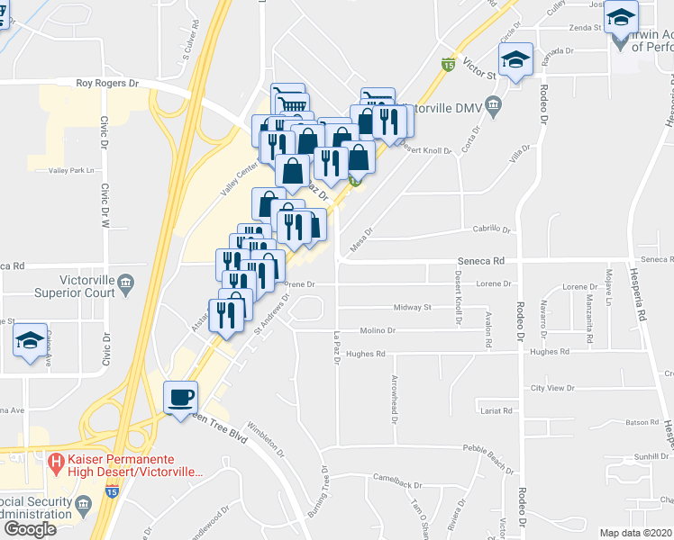 map of restaurants, bars, coffee shops, grocery stores, and more near 14481 La Paz Drive in Victorville