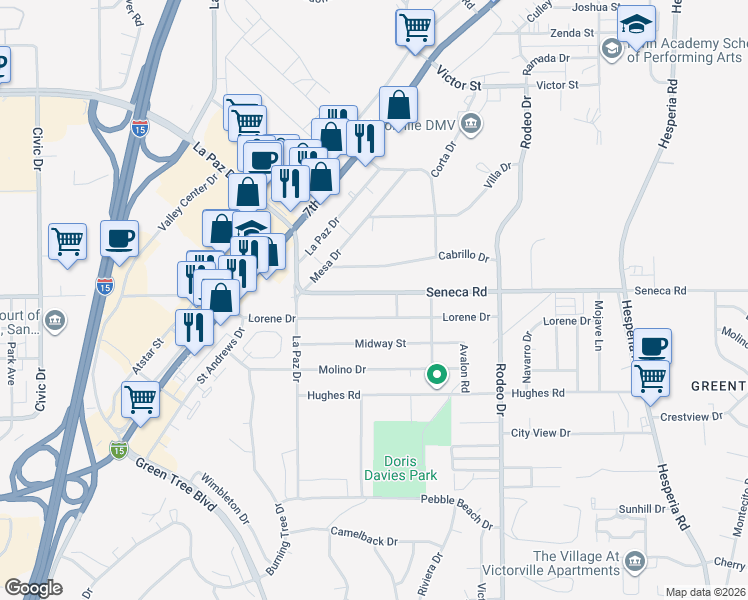 map of restaurants, bars, coffee shops, grocery stores, and more near 16255 Seneca Road in Victorville