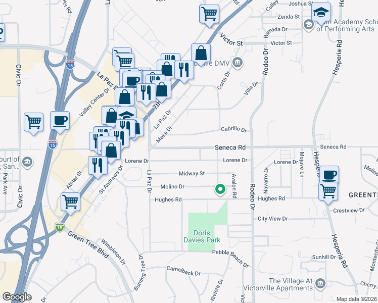 map of restaurants, bars, coffee shops, grocery stores, and more near 16255 Seneca Road in Victorville