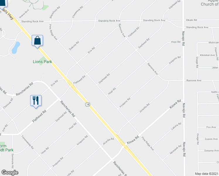 map of restaurants, bars, coffee shops, grocery stores, and more near 14430 Hopi Road in Apple Valley