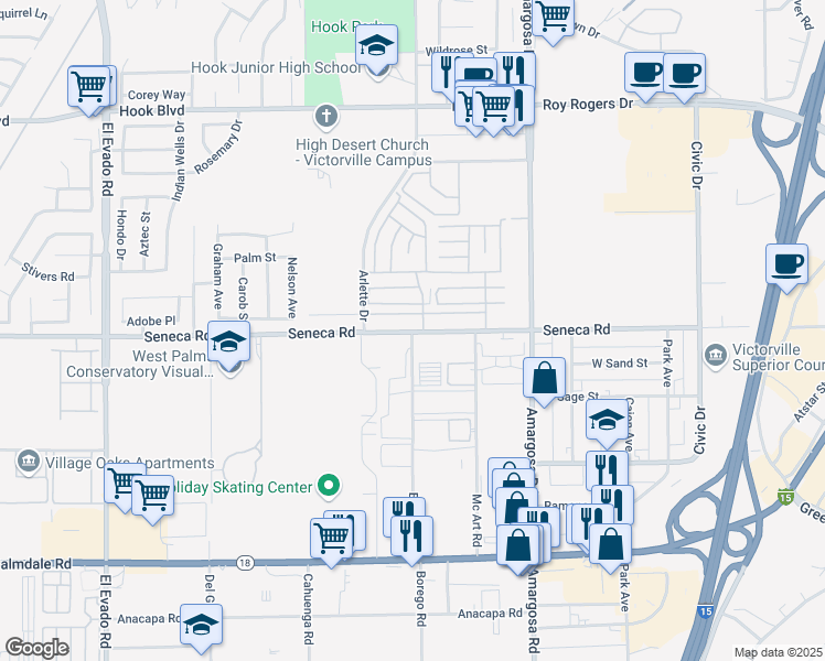 map of restaurants, bars, coffee shops, grocery stores, and more near Seneca Road & Borego Road in Victorville