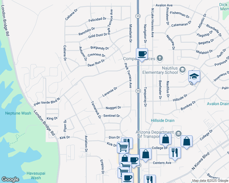 map of restaurants, bars, coffee shops, grocery stores, and more near 1910 Park Terrace Bay in Lake Havasu City