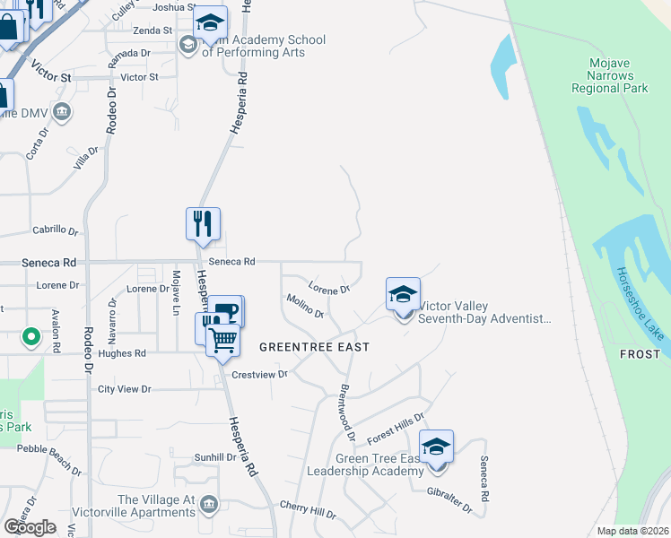 map of restaurants, bars, coffee shops, grocery stores, and more near 17020 Lorene Drive in Victorville