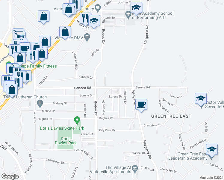 map of restaurants, bars, coffee shops, grocery stores, and more near 14450 Lorene Drive in Victorville