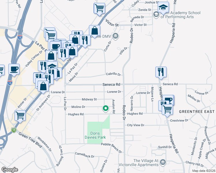 map of restaurants, bars, coffee shops, grocery stores, and more near 16409 Lorene Drive in Victorville