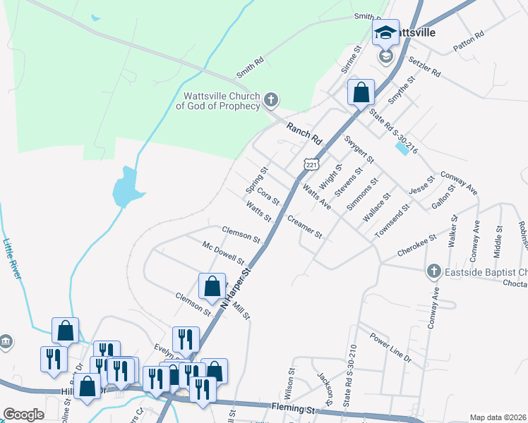 map of restaurants, bars, coffee shops, grocery stores, and more near 1011 North Harper Street in Laurens