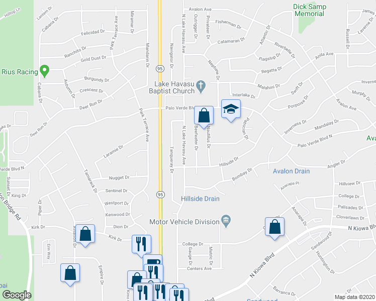 map of restaurants, bars, coffee shops, grocery stores, and more near 1390 North Lake Havasu Avenue in Lake Havasu City