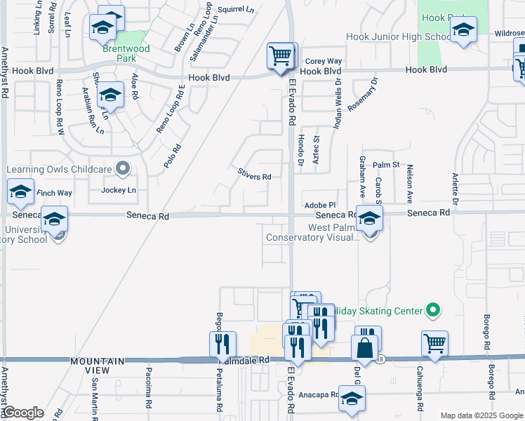 map of restaurants, bars, coffee shops, grocery stores, and more near 14419 Huntridge Drive in Victorville