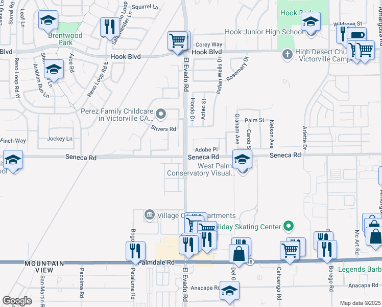 map of restaurants, bars, coffee shops, grocery stores, and more near 14545 Adobe Place in Victorville