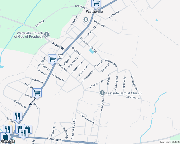 map of restaurants, bars, coffee shops, grocery stores, and more near 502 Swygert Street in Laurens
