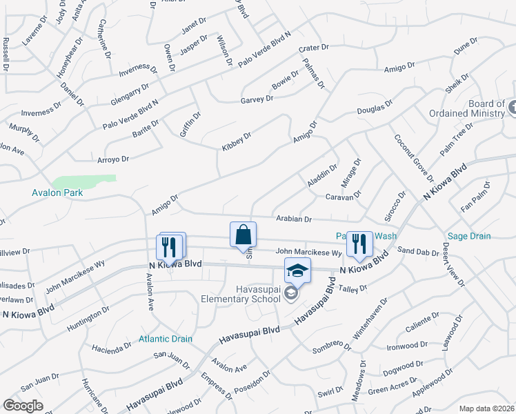 map of restaurants, bars, coffee shops, grocery stores, and more near 2911 Simitan Drive in Lake Havasu City