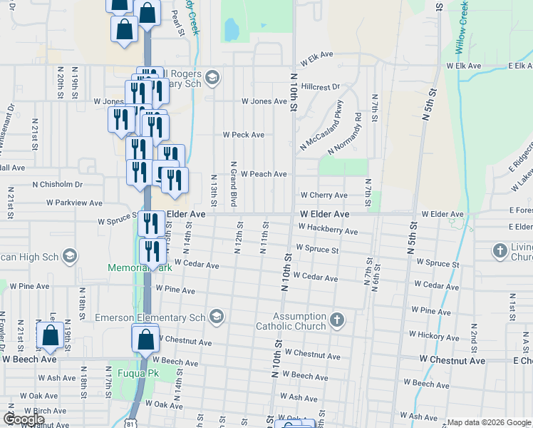 map of restaurants, bars, coffee shops, grocery stores, and more near 1110 North 12th Street in Duncan