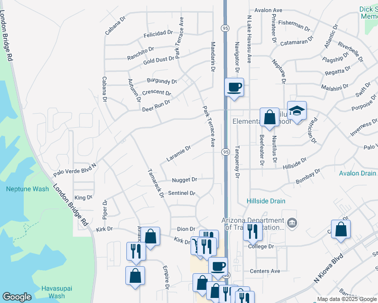 map of restaurants, bars, coffee shops, grocery stores, and more near 1921 Laramie Drive in Lake Havasu City