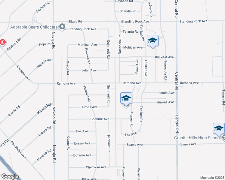 map of restaurants, bars, coffee shops, grocery stores, and more near 22107 Ramona Avenue in Apple Valley