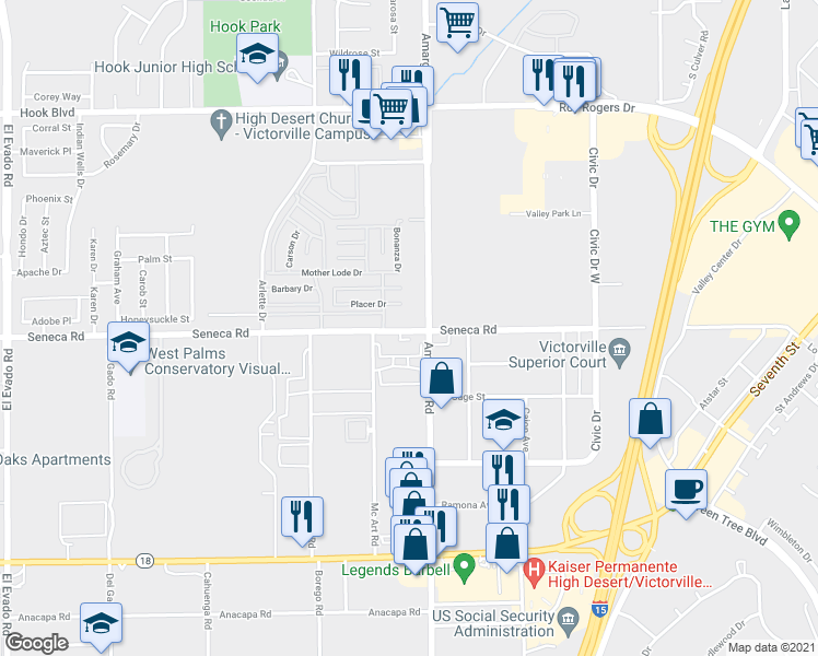map of restaurants, bars, coffee shops, grocery stores, and more near 15252 Seneca Road in Victorville