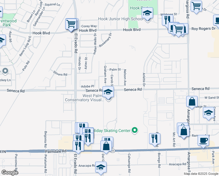 map of restaurants, bars, coffee shops, grocery stores, and more near 14547 Graham Avenue in Victorville