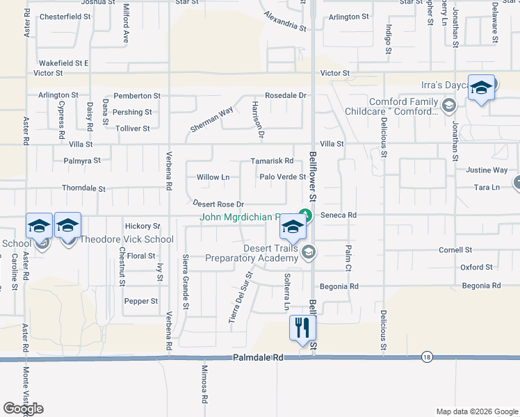 map of restaurants, bars, coffee shops, grocery stores, and more near 11153 Desert Rose Drive in Adelanto