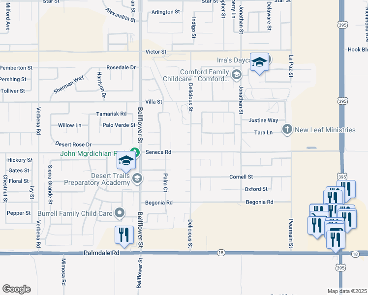 map of restaurants, bars, coffee shops, grocery stores, and more near 11477 Palisades Court in Adelanto