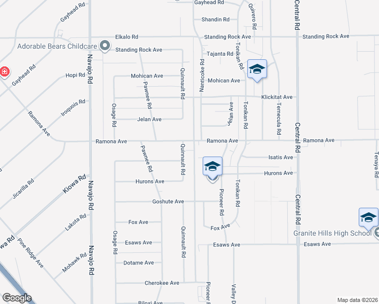 map of restaurants, bars, coffee shops, grocery stores, and more near 22107 Ramona Avenue in Apple Valley