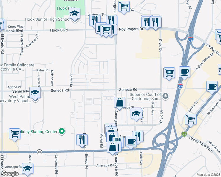 map of restaurants, bars, coffee shops, grocery stores, and more near 15252 Seneca Road in Victorville