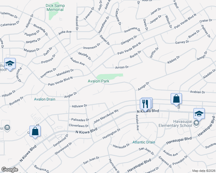 map of restaurants, bars, coffee shops, grocery stores, and more near 1259 Avalon Avenue in Lake Havasu City