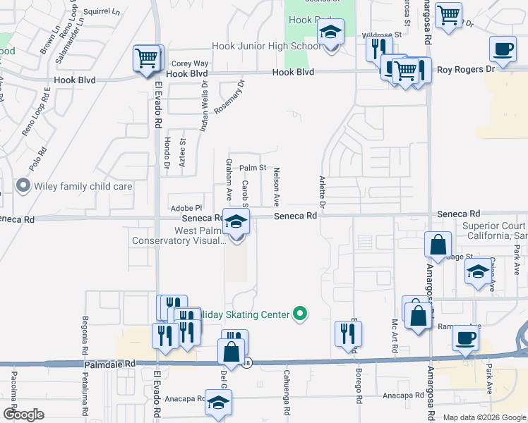 map of restaurants, bars, coffee shops, grocery stores, and more near 14548 Stonecress Street in Victorville