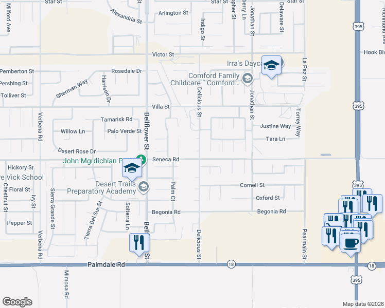 map of restaurants, bars, coffee shops, grocery stores, and more near 11477 Palisades Court in Adelanto