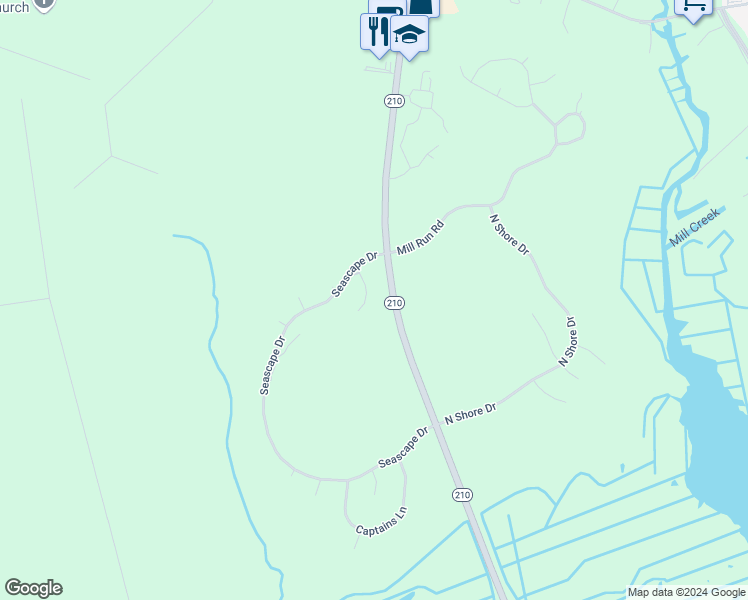 map of restaurants, bars, coffee shops, grocery stores, and more near 116 Salt Marsh Cove in Sneads Ferry