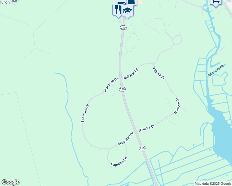 map of restaurants, bars, coffee shops, grocery stores, and more near 116 Salt Marsh Cove in Sneads Ferry