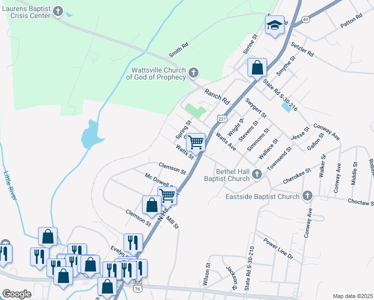 map of restaurants, bars, coffee shops, grocery stores, and more near 102 Cora Street in Laurens