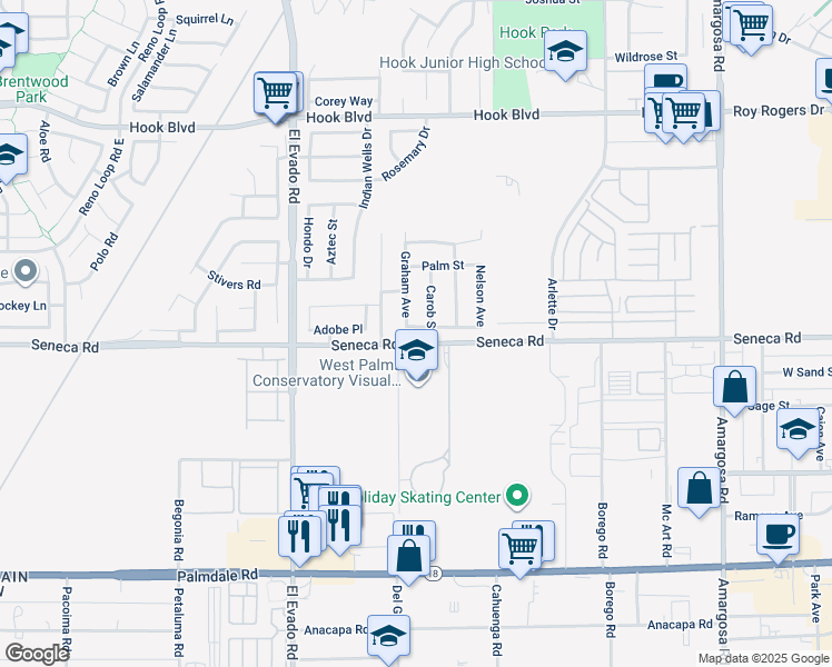 map of restaurants, bars, coffee shops, grocery stores, and more near 14727 Honeysuckle Street in Victorville
