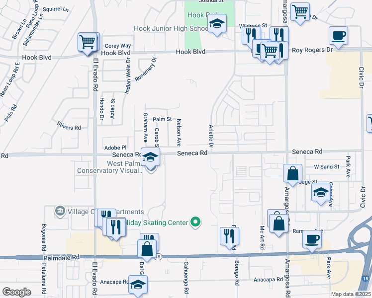 map of restaurants, bars, coffee shops, grocery stores, and more near 14541 Nelson Avenue in Victorville