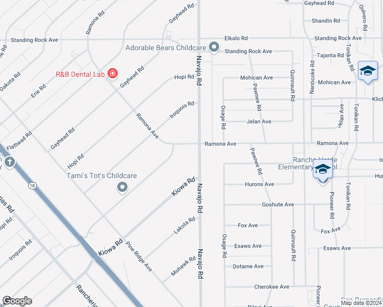 map of restaurants, bars, coffee shops, grocery stores, and more near 14470 Navajo Road in Apple Valley