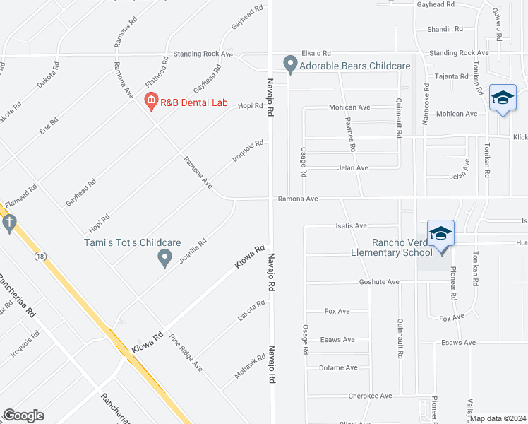 map of restaurants, bars, coffee shops, grocery stores, and more near 14470 Navajo Road in Apple Valley